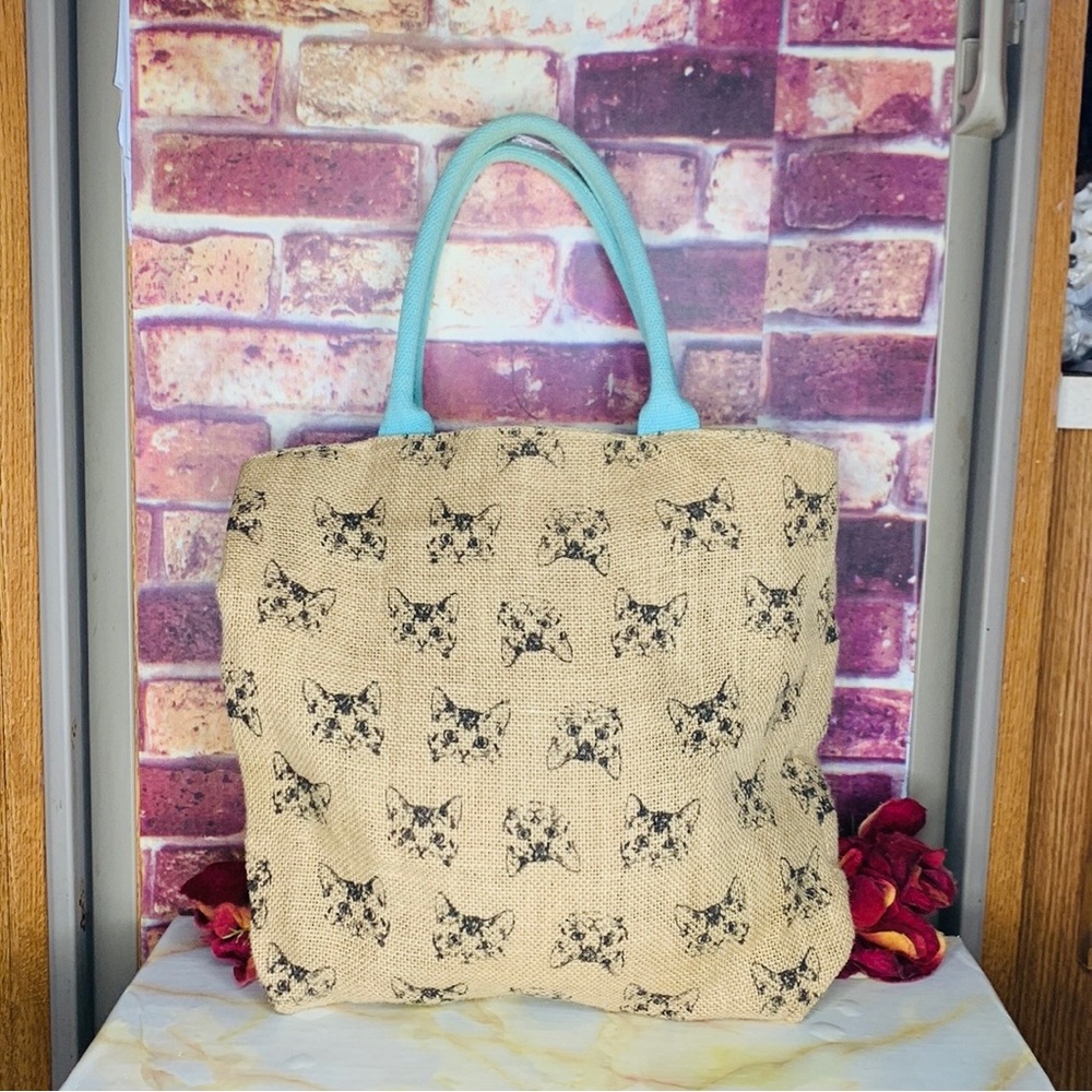 Burlap Tan Cat Print Large Beach Tote